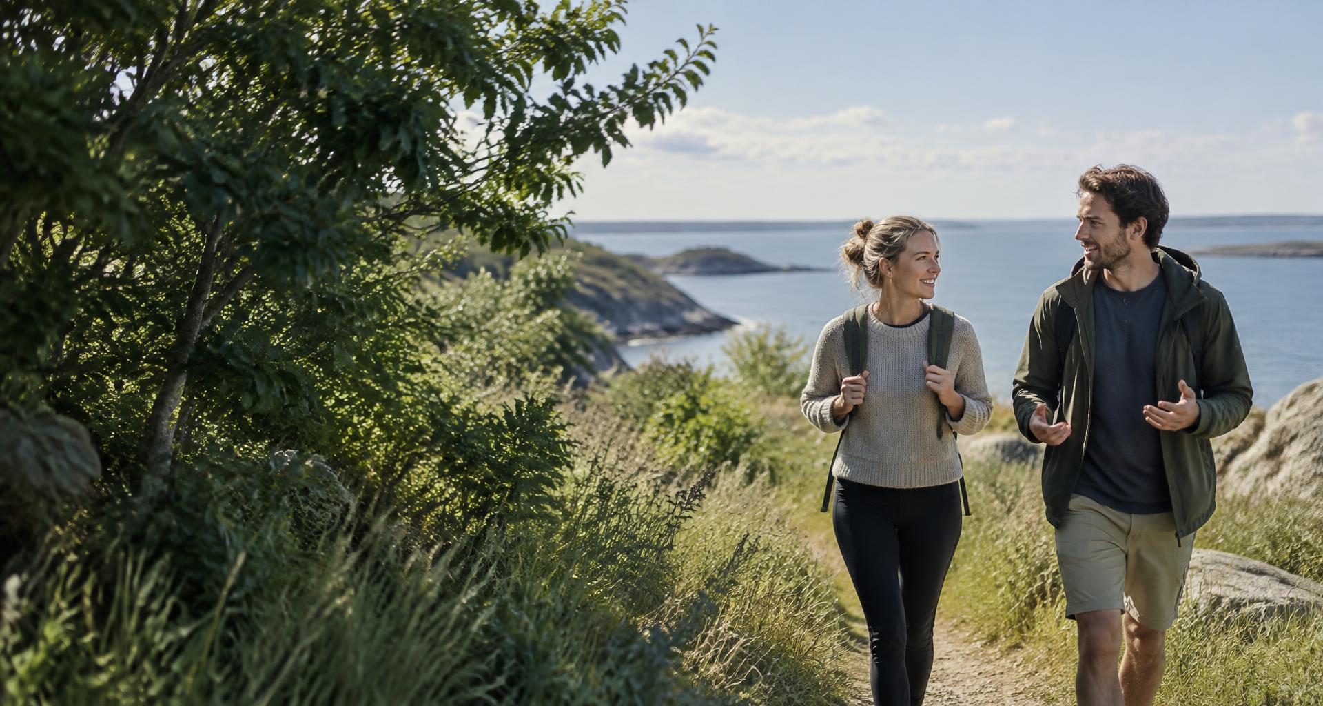 Two people walking and talking on a sunlit coastal trail